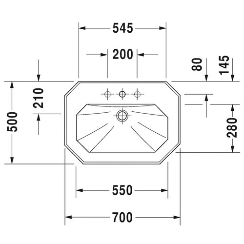 Immagine di Duravit 1930 lavabo monoforo L.70 cm, con 2 fori diaframmati, con troppopieno e bordo per rubinetteria, lato inferiore smaltato, rivestimento Wondergliss, colore bianco 04387000001