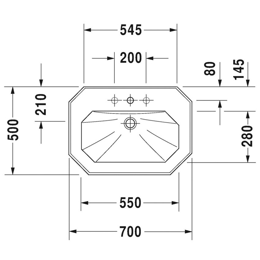 Immagine di Duravit 1930 lavabo monoforo L.70 cm, con 2 fori diaframmati, con troppopieno e bordo per rubinetteria, lato inferiore smaltato, rivestimento Wondergliss, colore bianco 04387000001