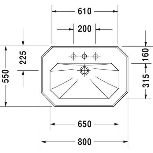 Immagine di Duravit 1930 lavabo monoforo L.80 cm, con 2 fori diaframmati, con troppopieno e bordo per rubinetteria, lato inferiore smaltato, colore bianco 0438800000
