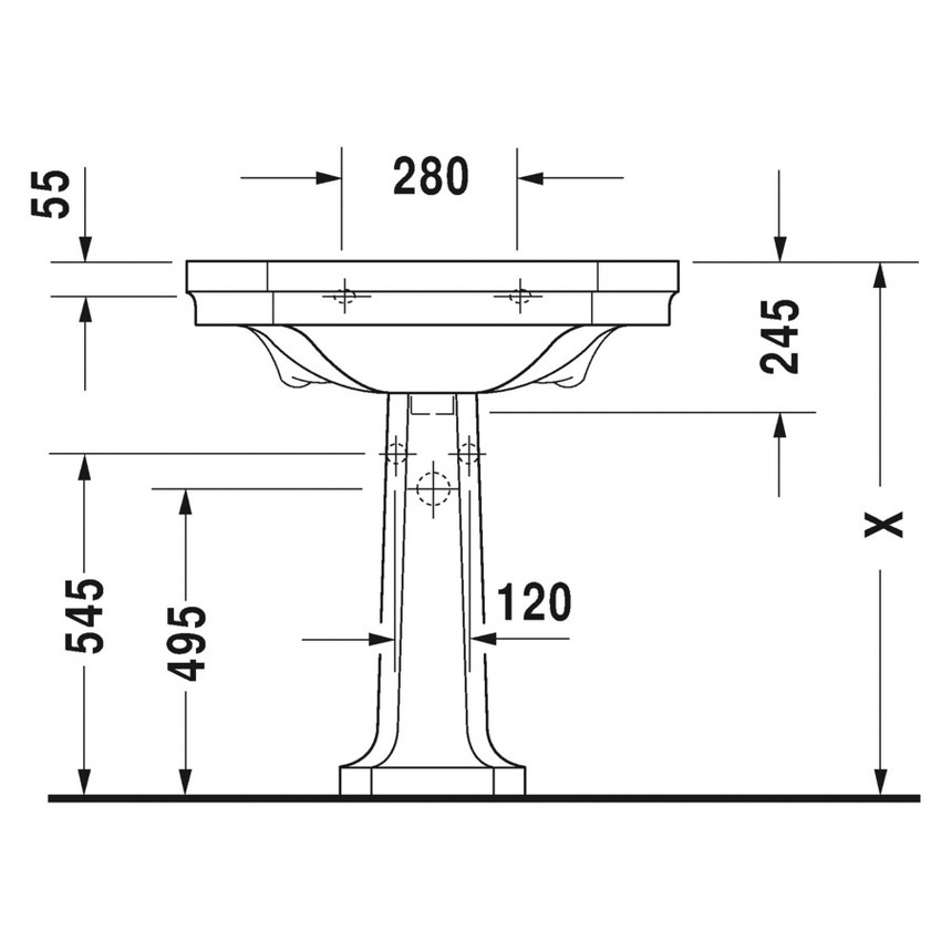 Immagine di Duravit 1930 lavabo monoforo L.80 cm, con 2 fori diaframmati, con troppopieno e bordo per rubinetteria, lato inferiore smaltato, colore bianco 0438800000