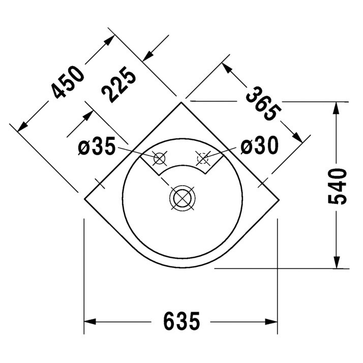 Immagine di Duravit ARCHITEC lavabo d'angolo 63.5 cm monoforo con foro diaframmato per dispenser portasapone a destra, senza troppopieno, con bordo per rubinetteria, lato inferiore smaltato, colore bianco 0448450000