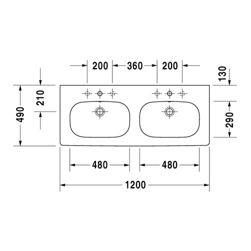 Immagine di Duravit D-CODE lavabo consolle doppio, due fori per rubinetteria, con troppopieno e bordo per rubinetteria, lato inferiore smaltato, colore bianco 03481200002