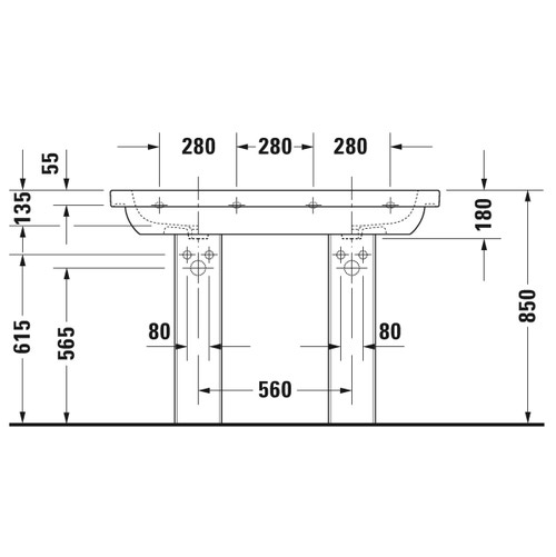 Immagine di Duravit D-CODE lavabo consolle doppio, due fori per rubinetteria, con troppopieno e bordo per rubinetteria, lato inferiore smaltato, colore bianco 03481200002