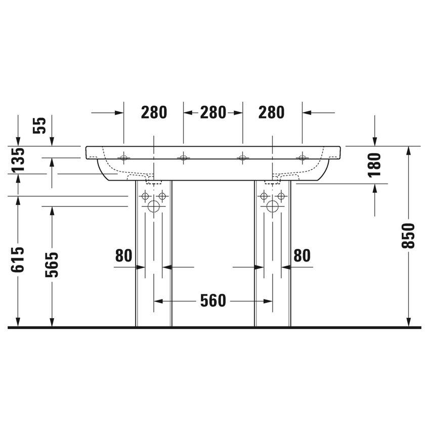 Immagine di Duravit D-CODE lavabo consolle doppio, due fori per rubinetteria, con troppopieno e bordo per rubinetteria, lato inferiore smaltato, colore bianco 03481200002