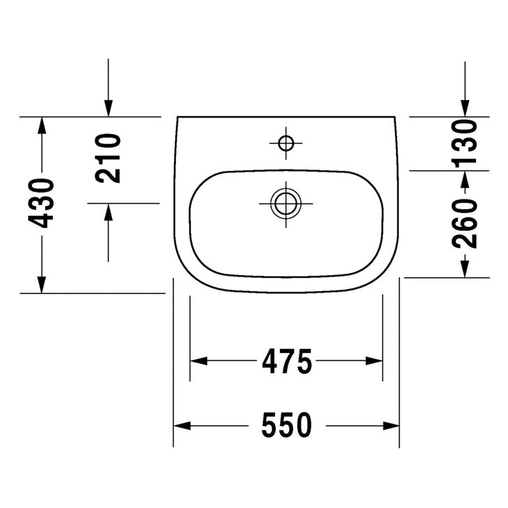 Immagine di Duravit D-CODE lavabo Med monoforo 55 cm a parete, senza troppopieno, con bordo per rubinetteria, lato inferiore smaltato, colore bianco 2311550000