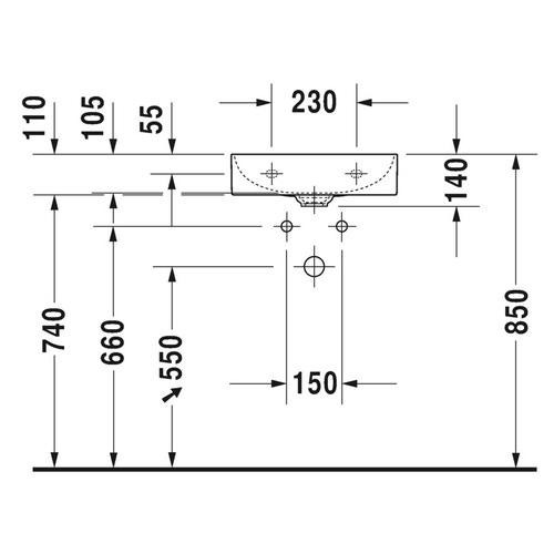 Immagine di Duravit DURASQUARE lavamani consolle 45 cm monoforo, senza troppopieno, con bordo per rubinetteria, lato inferiore smaltato, colore bianco 0732450041