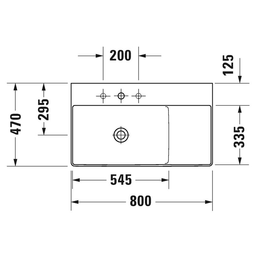 Immagine di Duravit DURASQUARE lavabo consolle asimmetrico 80 cm monoforo, senza troppopieno, con bordo per rubinetteria, bacino a sinistra, lato inferiore smaltato, colore bianco 2348800041