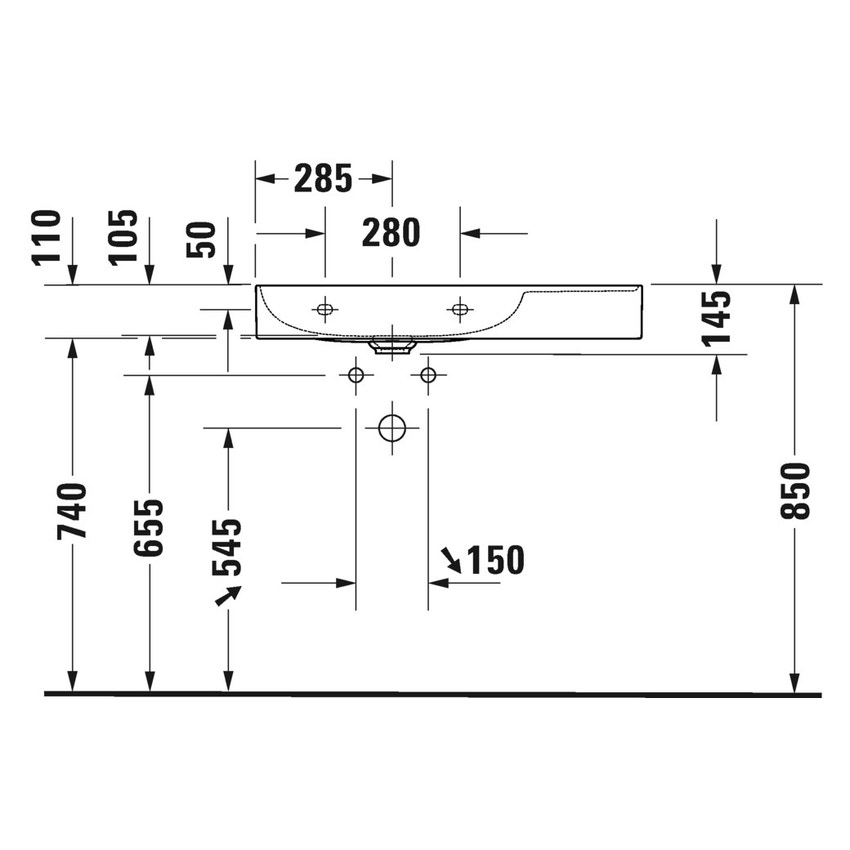 Immagine di Duravit DURASQUARE lavabo consolle asimmetrico 80 cm monoforo, senza troppopieno, con bordo per rubinetteria, bacino a sinistra, lato inferiore smaltato, colore bianco 2348800041