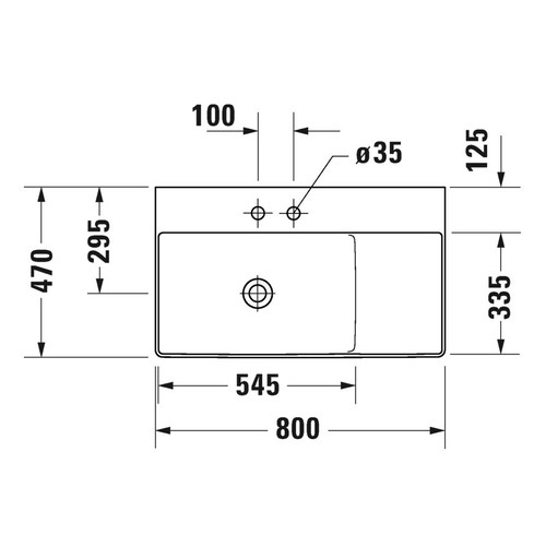 Immagine di Duravit DURASQUARE lavabo consolle asimmetrico rettificato 80 cm con 2 fori per rubinetteria, senza troppopieno, con bordo per rubinetteria, bacino a sinistra, colore bianco 2348800014