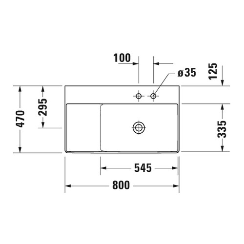 Immagine di Duravit DURASQUARE lavabo consolle asimmetrico 80 cm, con 2 fori per rubinetteria, senza troppopieno, con bordo per rubinetteria, bacino a destra, colore bianco 2349800040