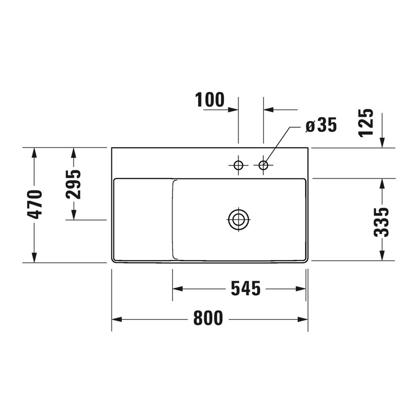 Immagine di Duravit DURASQUARE lavabo consolle asimmetrico 80 cm, con 2 fori per rubinetteria, senza troppopieno, con bordo per rubinetteria, bacino a destra, colore bianco 2349800040