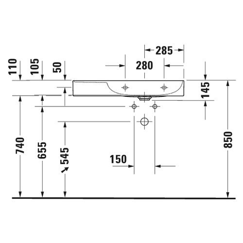 Immagine di Duravit DURASQUARE lavabo consolle asimmetrico rettificato 80 cm monoforo, senza troppopieno, con bordo per rubinetteria, bacino a destra, WonderGliss, colore bianco 23498000711