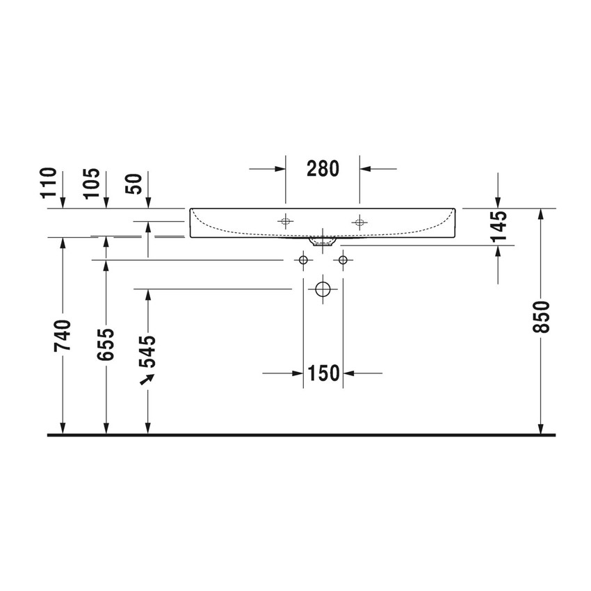 Immagine di Duravit DURASQUARE lavabo consolle 100 cm monoforo, senza troppopieno, con bordo per rubinetteria, lato inferiore smaltato, colore bianco 2353100041