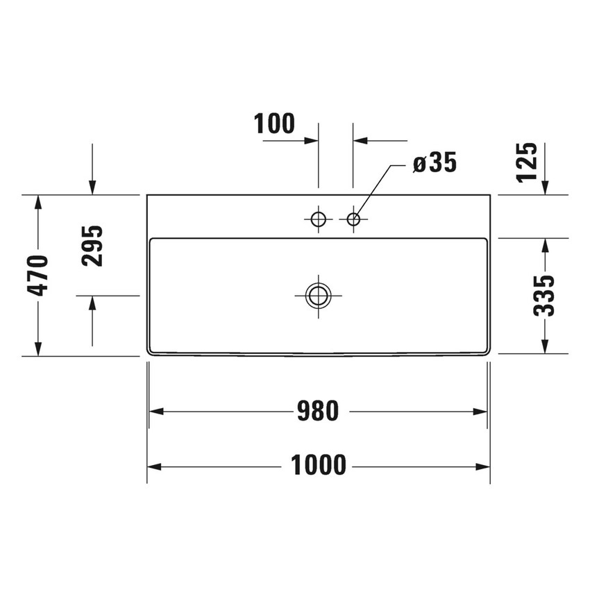 Immagine di Duravit DURASQUARE lavabo consolle 100 cm con 2 fori per rubinetteria, senza troppopieno, con bordo per rubinetteria, lato inferiore smaltato, colore bianco 2353100040