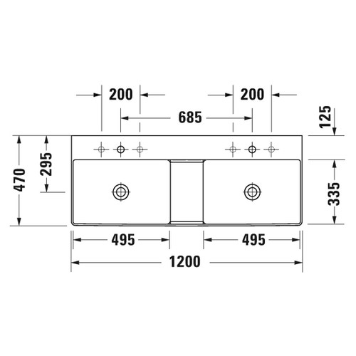 Immagine di Duravit DURASQUARE lavabo consolle doppio 120 cm monoforo, senza troppopieno, con bordo per rubinetteria, lato inferiore smaltato, colore bianco 2353120041
