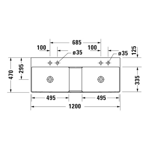Immagine di Duravit DURASQUARE lavabo consolle doppio 120 cm con 2 fori per rubinetteria, senza troppopieno, con bordo per rubinetteria, lato inferiore smaltato, WonderGliss, colore bianco 23531200401