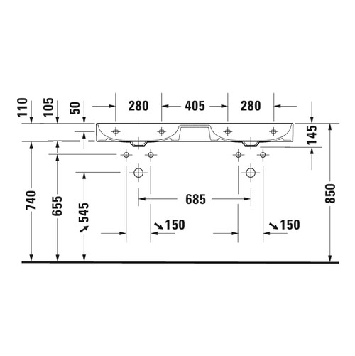 Immagine di Duravit DURASQUARE lavabo consolle doppio 120 cm con 2 fori per rubinetteria, senza troppopieno, con bordo per rubinetteria, lato inferiore smaltato, WonderGliss, colore bianco 23531200401