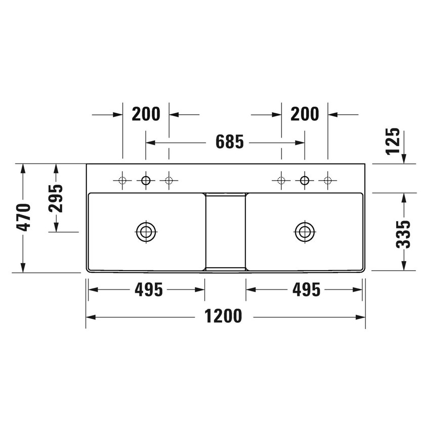 Immagine di Duravit DURASQUARE lavabo consolle doppio 120 cm senza foro per rubinetteria, senza troppopieno, con bordo per rubinetteria, lato inferiore smaltato, colore bianco 2353120070