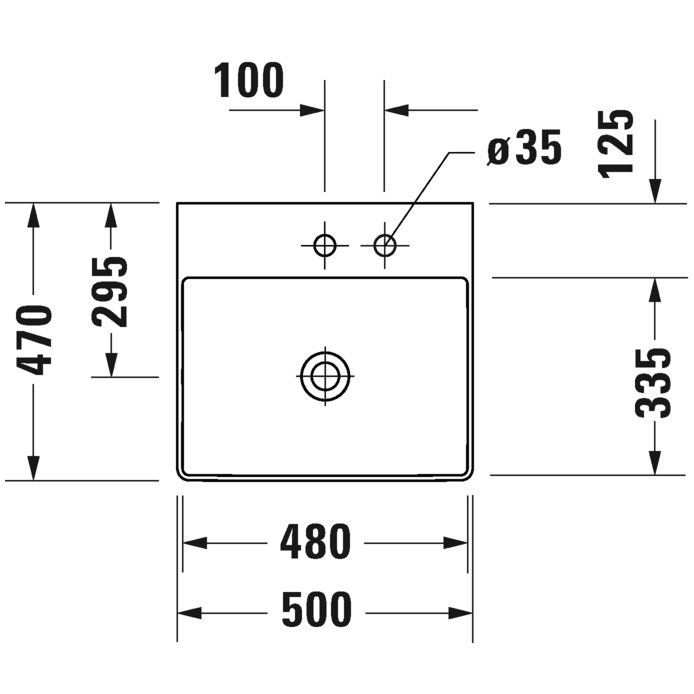 Immagine di Duravit DURASQUARE lavabo consolle 50 cm con 2 fori per rubinetteria, senza troppopieno, con bordo per rubinetteria, lato inferiore smaltato, colore bianco 2353500040