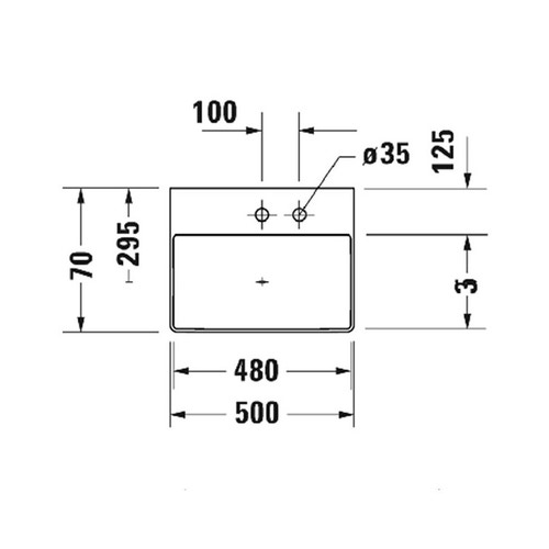 Immagine di Duravit DURASQUARE lavabo consolle 50 cm con 2 fori per rubinetteria, senza troppopieno, con bordo per rubinetteria, lato inferiore smaltato, WonderGliss, colore bianco 23535000401