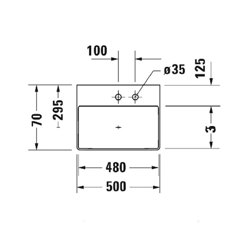 Immagine di Duravit DURASQUARE lavabo consolle 50 cm con 2 fori per rubinetteria, senza troppopieno, con bordo per rubinetteria, lato inferiore smaltato, WonderGliss, colore bianco 23535000401