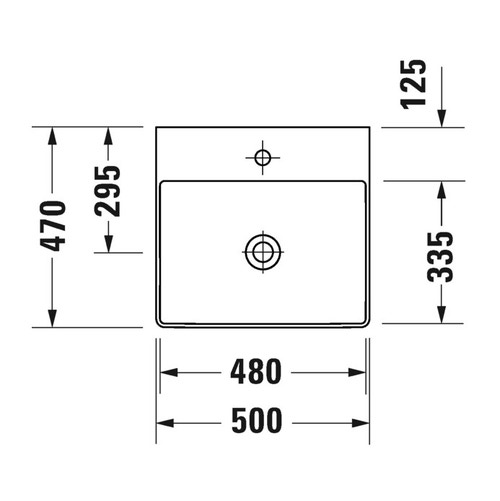 Immagine di Duravit DURASQUARE lavabo consolle 50 cm senza foro per rubinetteria, senza troppopieno, con bordo per rubinetteria, lato inferiore smaltato, colore bianco 2353500070