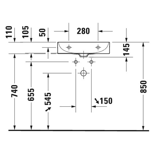 Immagine di Duravit DURASQUARE lavabo consolle 50 cm senza foro per rubinetteria, senza troppopieno, con bordo per rubinetteria, lato inferiore smaltato, WonderGliss, colore bianco 23535000701