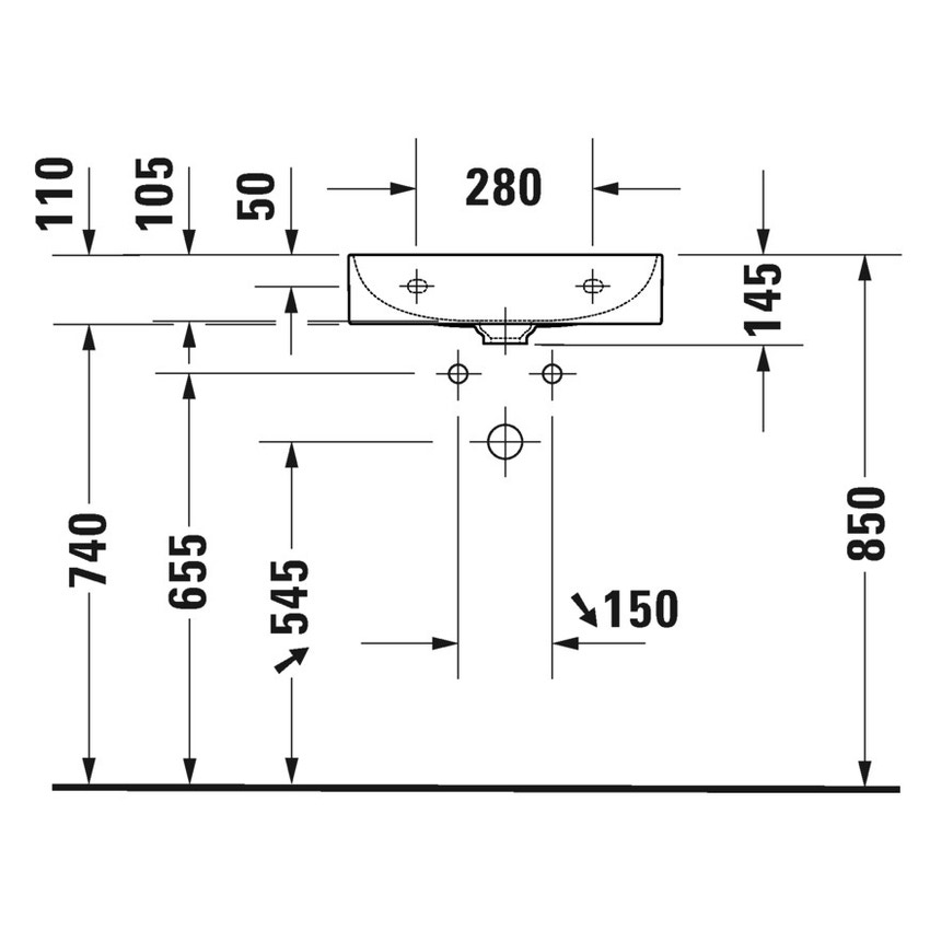 Immagine di Duravit DURASQUARE lavabo consolle rettificato 50 cm senza foro per rubinetteria, senza troppopieno, con bordo per rubinetteria, colore bianco 2353500079