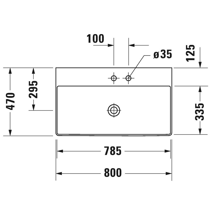 Immagine di Duravit DURASQUARE lavabo consolle 80 cm con 2 fori per rubinetteria, senza troppopieno, con bordo per rubinetteria, lato inferiore smaltato, colore bianco 2353800040