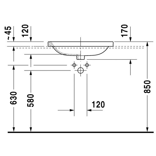 Immagine di Duravit DURASTYLE lavabo da incasso 61.5 cm monoforo, per incasso soprapiano, con troppopieno, con bordo per rubinetteria, colore bianco 0374620000
