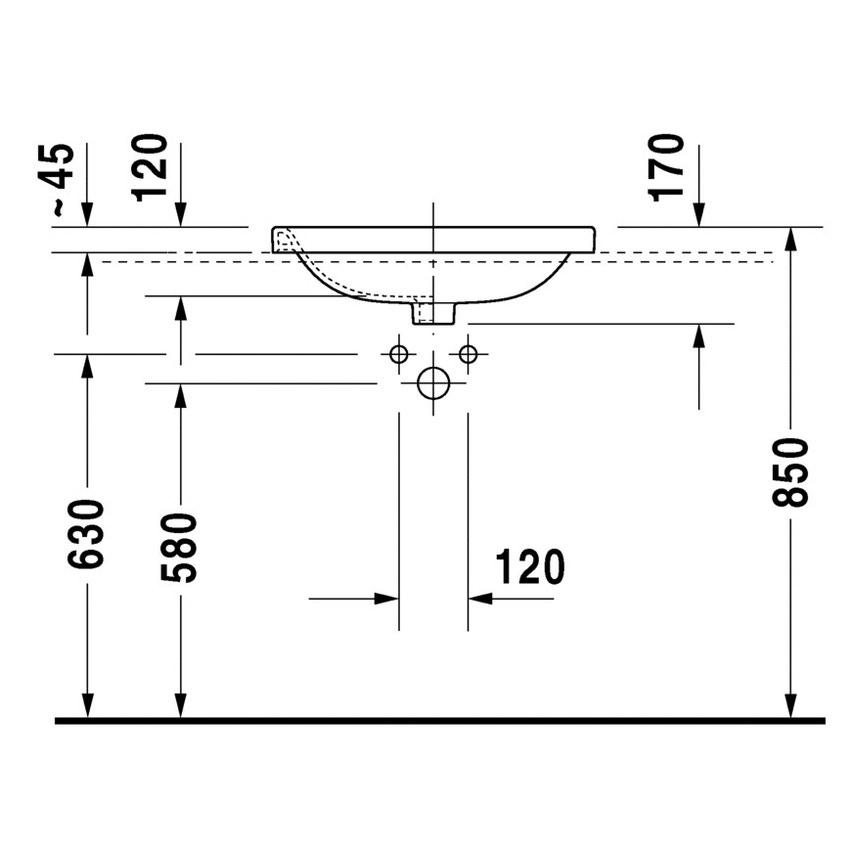 Immagine di Duravit DURASTYLE lavabo da incasso 56 cm monoforo, per incasso soprapiano, con troppopieno, con bordo per rubinetteria, colore bianco 0374560000