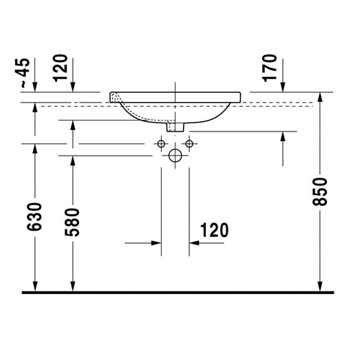 Immagine di Duravit DURASTYLE lavabo da incasso 56 cm monoforo, per incasso soprapiano, con troppopieno, con bordo per rubinetteria, WonderGliss, colore bianco 03745600001