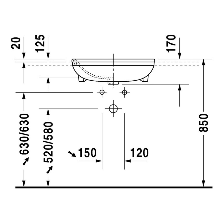Immagine di Duravit DURASTYLE lavabo semincasso 55 cm monoforo, con troppopieno, con bordo per rubinetteria, colore bianco 0375550000
