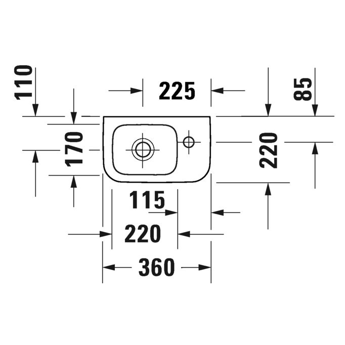 Immagine di Duravit DURASYSTEM lavamani 36 cm monoforo, senza troppopieno, con bordo per rubinetteria, con foro per rubinetteria a destra, lato inferiore smaltato, colore bianco 0713360000