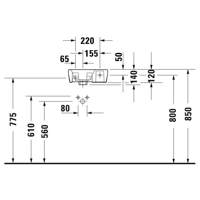 Immagine di Duravit DURASYSTEM lavamani 36 cm monoforo, senza troppopieno, con bordo per rubinetteria, con foro per rubinetteria a destra, lato inferiore smaltato, colore bianco 0713360000
