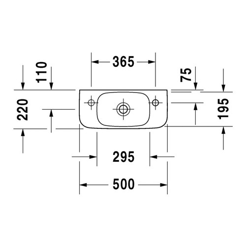 Immagine di Duravit DURASTYLE lavamani 50 cm monoforo con foro per rubinetteria a destra, senza troppopieno, con bordo per rubinetteria, lato inferiore smaltato, colore bianco 0713500008