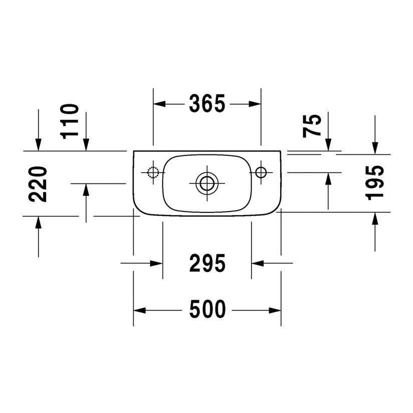 Immagine di Duravit DURASTYLE lavamani 50 cm monoforo con foro per rubinetteria a destra, senza troppopieno, con bordo per rubinetteria, lato inferiore smaltato, colore bianco 0713500008
