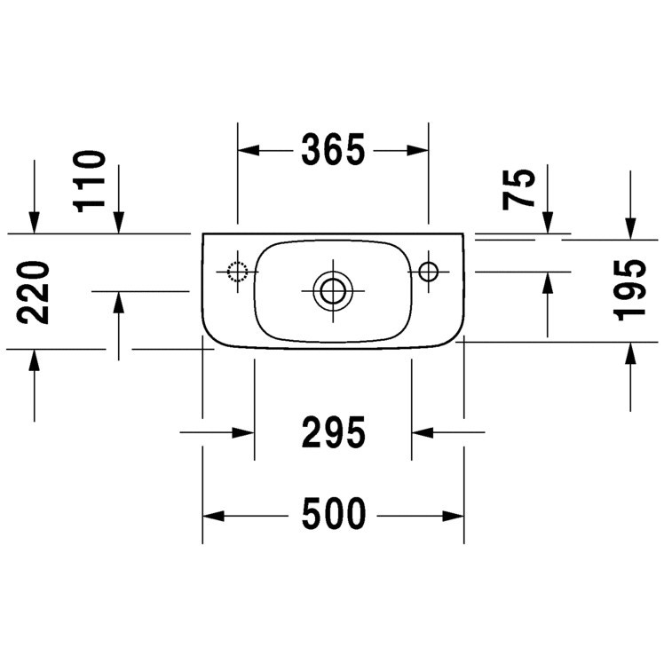 Immagine di Duravit DURASTYLE lavamani 50 cm monoforo con foro per rubinetteria a destra, senza troppopieno, con bordo per rubinetteria, lato inferiore smaltato, WonderGliss, colore bianco 07135000081