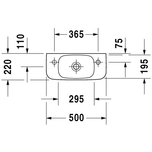 Immagine di Duravit DURASTYLE lavamani 50 cm monoforo con foro per rubinetteria a sinistra, senza troppopieno, con bordo per rubinetteria, lato inferiore smaltato, WonderGliss, colore bianco 07135000091