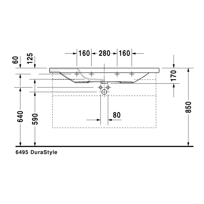 Immagine di Duravit DURASTYLE lavabo consolle 120 cm senza foro per rubinetteria, con troppopieno e con bordo per rubinetteria, lato inferiore smaltato, colore bianco 2320120060