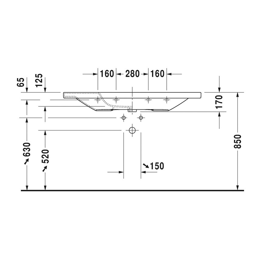 Immagine di Duravit DURASTYLE lavabo consolle 120 cm senza foro per rubinetteria, con troppopieno e con bordo per rubinetteria, lato inferiore smaltato, colore bianco 2320120060