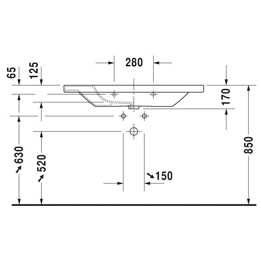 Immagine di Duravit DURASTYLE lavabo consolle 100 cm senza foro per rubinetteria, con troppopieno e con bordo per rubinetteria, lato inferiore smaltato, colore bianco 2320100060