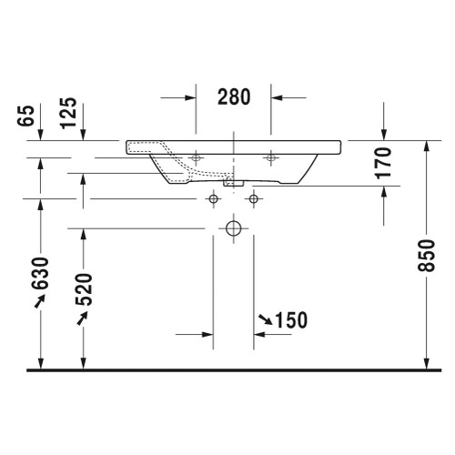 Immagine di Duravit DURASTYLE lavabo consolle 80 cm monoforo, con troppopieno e con bordo per rubinetteria, lato inferiore smaltato, colore bianco 2320800000