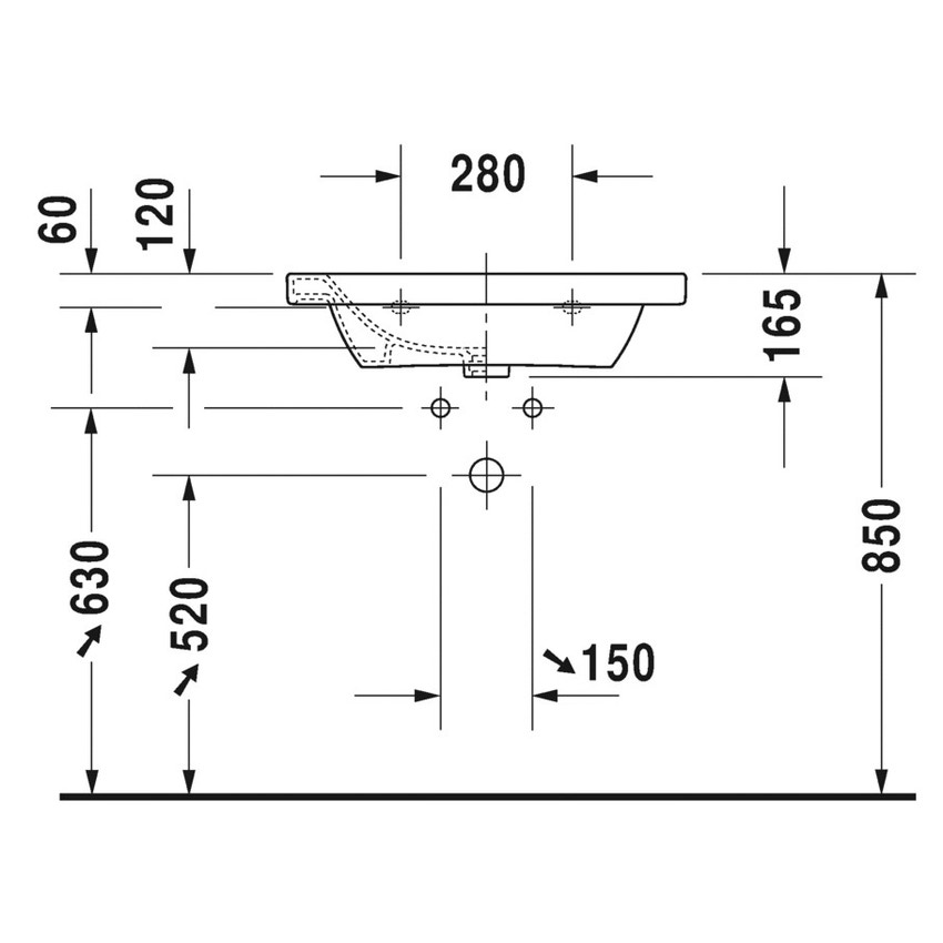 Immagine di Duravit DURASTYLE lavabo consolle 65 cm senza foro per rubinetteria, con troppopieno e con bordo per rubinetteria, lato inferiore smaltato, colore bianco 2320650060
