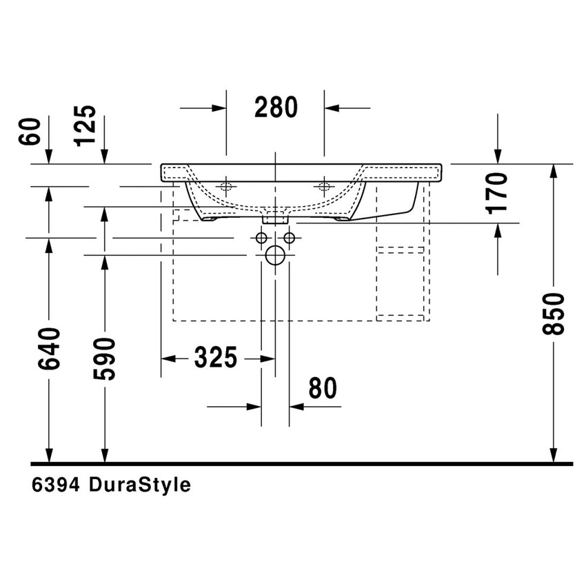 Immagine di Duravit DURASTYLE lavabo consolle asimmetrico 80 cm monoforo, con bacino a sinistra, con troppopieno e bordo per rubinetteria, lato inferiore smaltato, colore bianco 2325800000