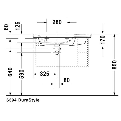 Immagine di Duravit DURASTYLE lavabo consolle asimmetrico 80 cm monoforo, con bacino a sinistra, con troppopieno e bordo per rubinetteria, WonderGliss, lato inferiore smaltato, colore bianco 23258000001