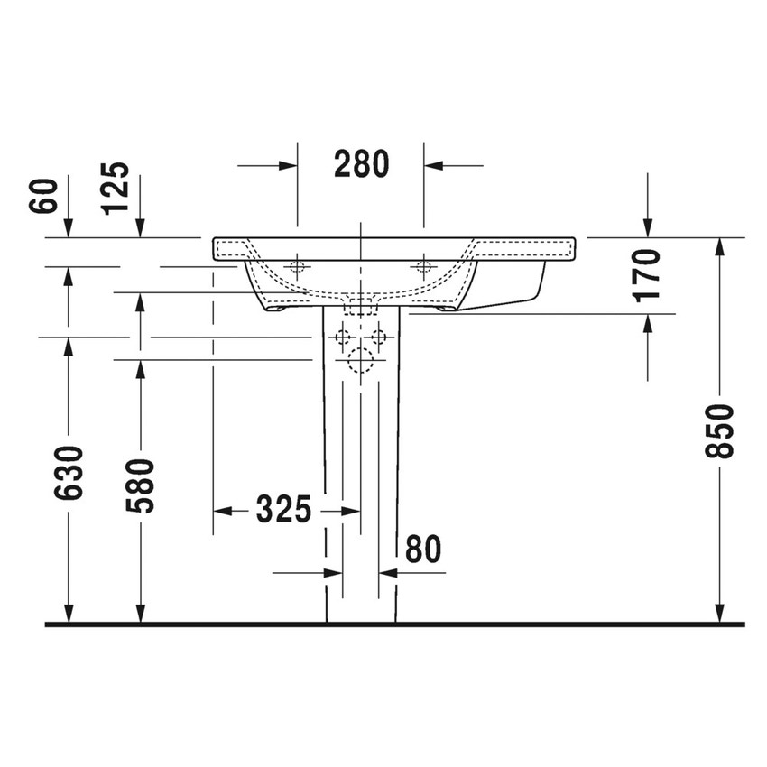 Immagine di Duravit DURASTYLE lavabo consolle asimmetrico 80 cm senza foro per rubinetteria, con bacino a sinistra, con troppopieno e bordo per rubinetteria, lato inferiore smaltato, colore bianco 2325800060