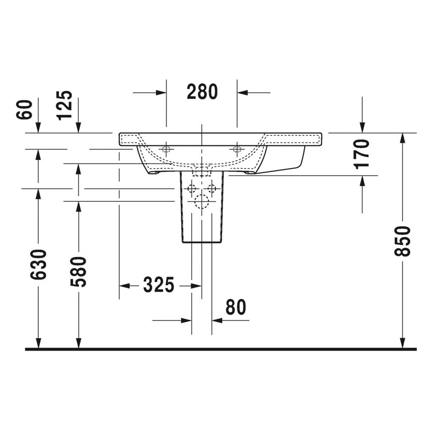 Immagine di Duravit DURASTYLE lavabo consolle asimmetrico 80 cm senza foro per rubinetteria, con bacino a sinistra, con troppopieno e bordo per rubinetteria, lato inferiore smaltato, colore bianco 2325800060