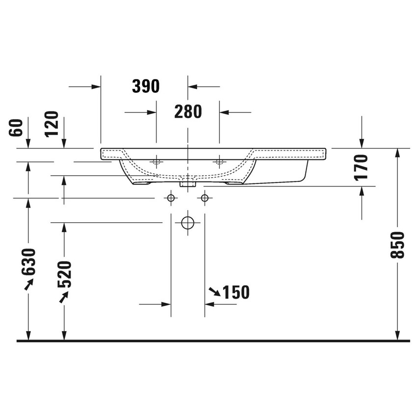 Immagine di Duravit DURASTYLE lavabo consolle asimmetrico 80 cm monoforo, con bacino a sinistra, senza troppopieno e bordo per rubinetteria, lato inferiore smaltato, colore bianco 2325800041