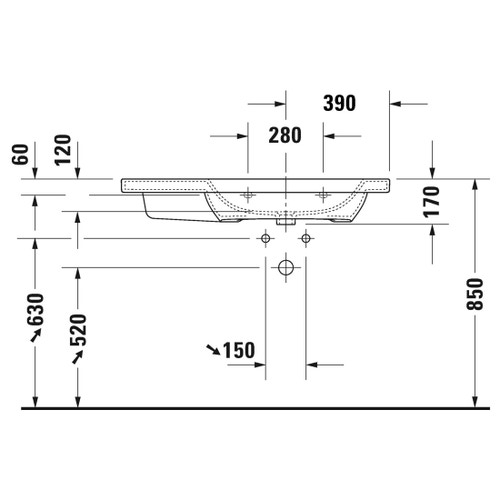 Immagine di Duravit DURASTYLE lavabo consolle asimmetrico 100 cm monoforo, con bacino a destra, con troppopieno e bordo per rubinetteria, colore bianco 2326100000